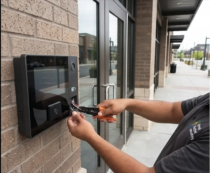 Three Factor Security technician terminating wiring at a commercial entrance video intercom.