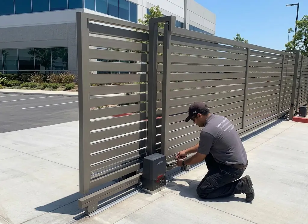 Three Factor Security technician working on a LiftMaster operator at a commercial sliding gate.