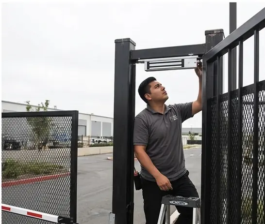 Three Factor Security technician fitting a magnetic lock at a commercial pedestrian gate.